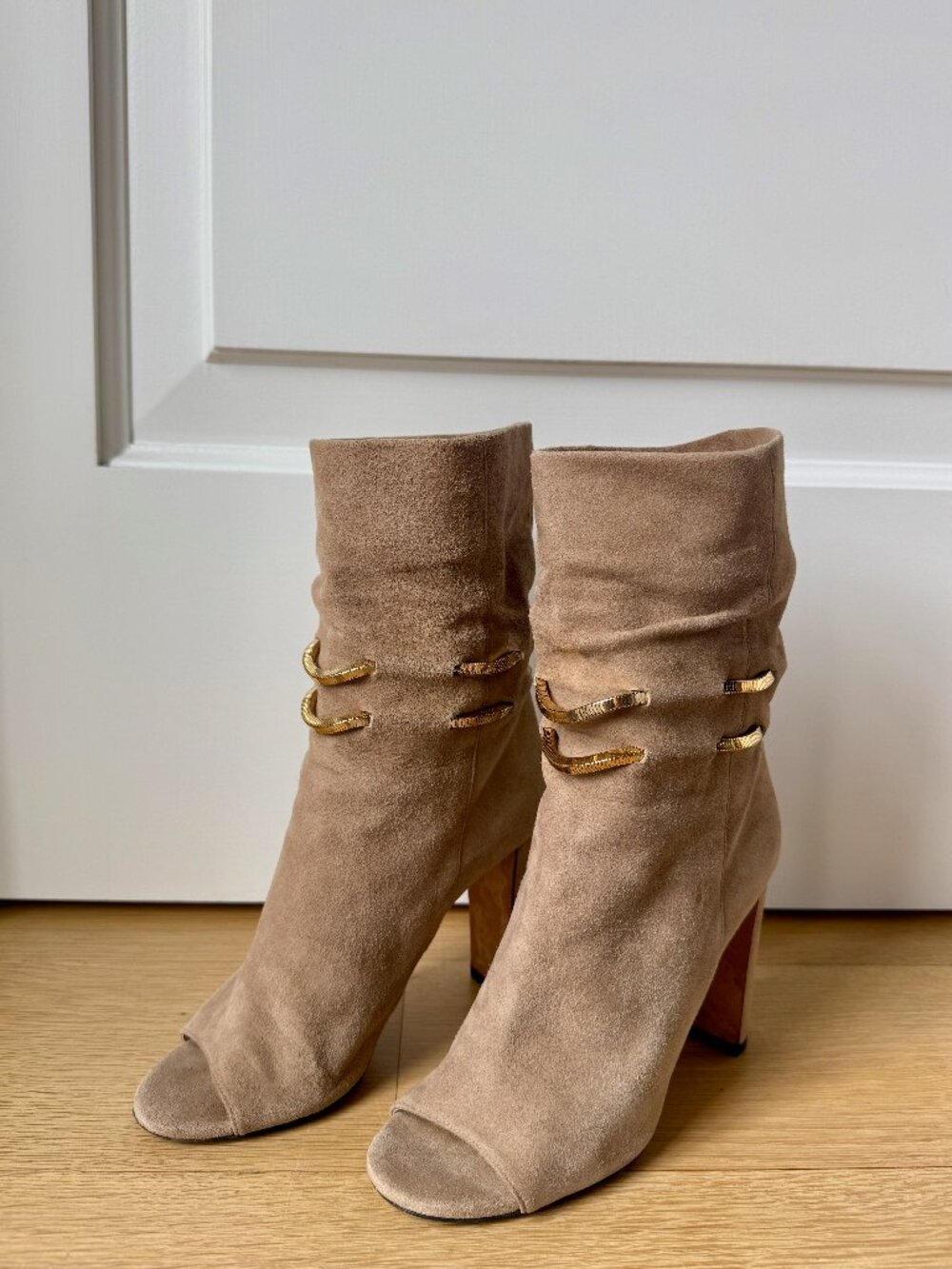 Jimmy Choo Mysen Chain Trimmed Suede Peep-Toe Block-Heel Bootie Sz 36